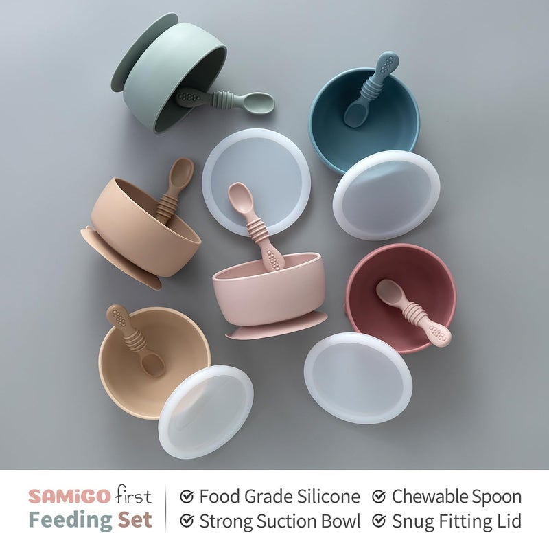 SAMiGO Silicone Baby Bowl and Spoon Set with Suction and Lid, First Stage Self Feeding Essentials, Food Bowl for 6+ Months - Image 3